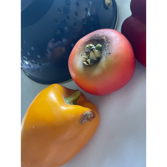 Vintage Blue Metal Colander With Brass Handles & Faux Fruits For Home Decor Or D - Picture 5 of 9